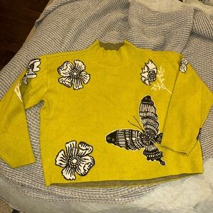 Maeve Yellow Sweater with Black and White Floral Butterfly Design